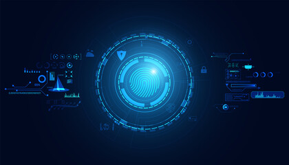 Poster - Abstract fingerprint on digital blue background concept safe data protection hud interface hologram elements of digital data chart, communication, computing and circle percent vitality innovation.