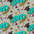 Seamless graduation pattern with comic style elements. Cartoon holiday background with flags, balloons, stars, laurel branches and a bachelor cap. Vector illustration with halftones ornaments.