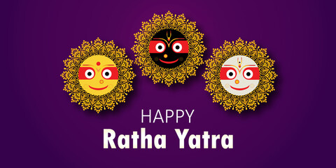 Wall Mural - Illustration of Lord Jagannath, Balabhadra and Subhadra on annual Rathayatra. Happy Rath Yatra Vector illustration with temple silhouette.Abstract floral on a red background