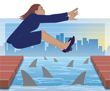 Businesswoman Long Jumping Over The Distance To Avoid Shark Infested Water With Graphs And Buildings In Background