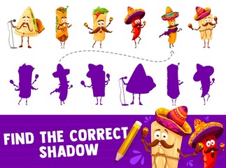 Poster - Cartoon funny mexican food characters find the correct shadow game vector worksheet. Tex-mex puzzle quiz or kids riddle, memory game of mexican burrito, taco, chili pepper and quesadilla with sombrero