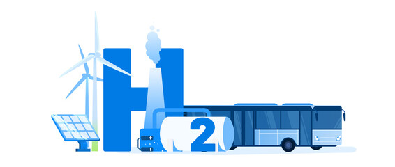 Wall Mural - hydrogen vehicle vector illustration concept. alternative energy source. wind turbine, bus, fuel tan