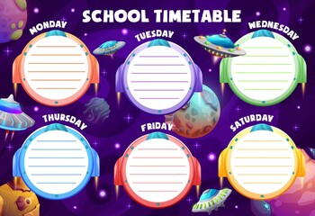 Wall Mural - school timetable schedule, cartoon galaxy starships, spaceships and starcrafts, vector education wee