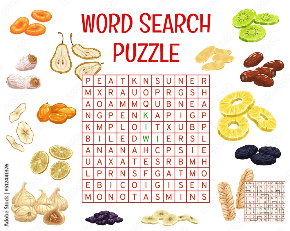 Dried fruits and snacks on word search puzzle game worksheet. Children ...