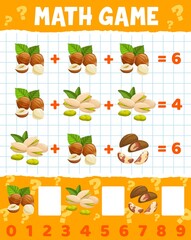 Wall Mural - Pistachio, hazelnut and brazilian nuts math game worksheet. Cartoon vector education maze, puzzle for numeracy, addition and mathematics skills development, educational riddle for kids learn counting