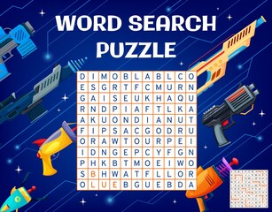 Wall Mural - Blaster gun, handgun and raygun weapon, word search puzzle game, vector worksheet. Find word in grid, quiz riddle for kids to search word of cartoon space shooter or galaxy blaster and bazooka gun