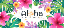 Aloha Summer Background Decorated With Hibiscus Flowers And Tropical Leaves On White Background. Template For Fashion Ads, Horizontal Poster And Social Media