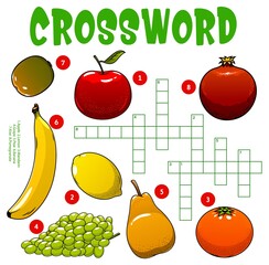 Aufkleber - Harvest raw fruits crossword puzzle worksheet to find word, vector quiz game grid. Kids education crossword riddle to guess word of apple, banana and lemon with mandarin, pomegranate and kiwi