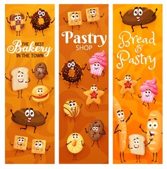 Sticker - Cartoon bakery, pastry, cakes and cookies characters. Vector funny bread and confectionery donut, cracker, muffin and chocolate cookie, cupcake, shortbread, baguette, loaf, toast or star