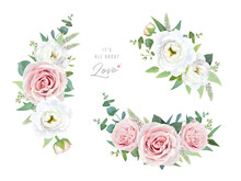 Floral Watercolor Bouquet, Wreath. Vector Design Element Set. Blush Pink Garden Rose, White Flowers, Veronica, Greenery, Seeded Eucalyptus Leaves Composition. Wedding Invite Card Editable Illustration