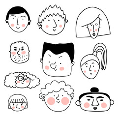 Collection of cute and diverse hand drawn faces with pink cheeks in black and white. Doodle-style people icons for design, stickers, prints