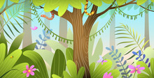 Forest Scenery Wallpaper For Children With Trees Leaves And Grass. Forest Or Woods Bright Green Illustration For Kids. Vector Magic Jungle Horizontal Banner.