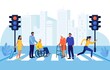 © Nadezhda Buravleva - Men helping old people with disability crossing city street. Woman walking on road crosswalk and hurry to work. Urban lifestyle and traffic concept. Pedestrians moving by road with traffic lights