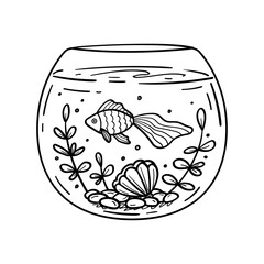 Cute little baby goldfish swimming underwater in aquarium with seaweeds and seashell. Outline vector illustration hand drawn in sketch style for kids coloring books or printing on any surface