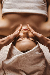 Wall Mural - close-up of cosmetologist making rejuvenating face procedures for woman client in spa or salon. cosm