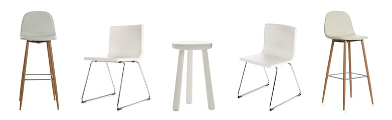 Canvas Print - Set with different stylish chairs on white background. Banner design