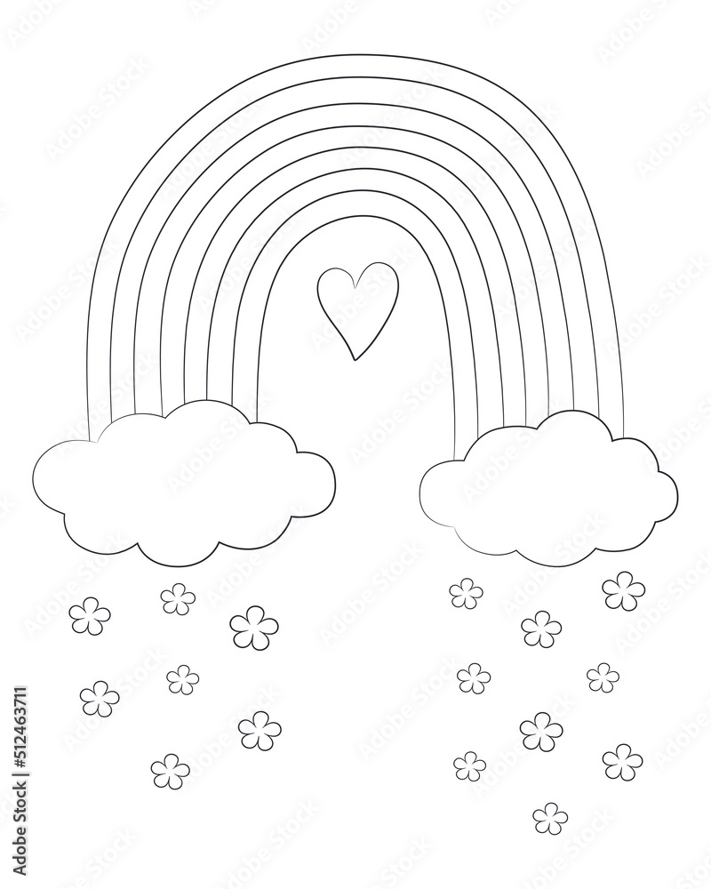 Rainbow coloring page printable. Cute rainbow and clouds outline vector