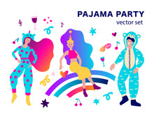 Kidult Prank Girl And Boy Human Vector Character Set. Man And Woman Pajama Party 