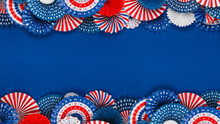 Festive Red, White, And Blue USA Decorations Banner. For Patriotic Celebrations Like 4th Of July, Memorial Day, Veteran's Day, Or Other US American Holidays With Copy Space For Text.