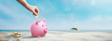 Man Depositing Coins In Pink Piggy Bank On The Beach - Summer Vacation Savings Concept