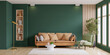 Light room with sofa and armchair on empty dark green wall background.