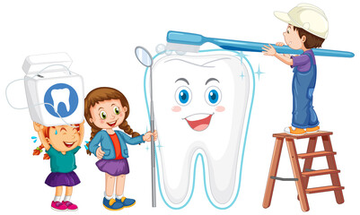 Sticker - Happy kids holding dental cleaning equipment with dentist on white background