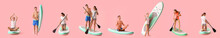 Set Of Sporty Young People With Sup Boards On Pink Background