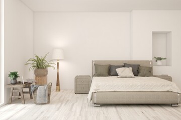 White bedroom interior. Scandinavian design. 3D illustration