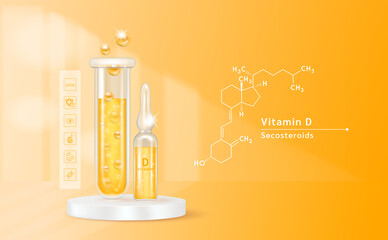 Sticker - Serum vitamin D inside glass ampoule and glass bottles with liquid drug solution. Natural cosmetics. Cosmetology for skin care. On orange background. Medical and beauty concept. Realistic 3D vector.