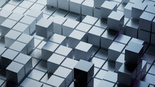 Grey, Glossy Cubes Neatly Aligned To Create A Innovative Tech Wallpaper. 3D Render.