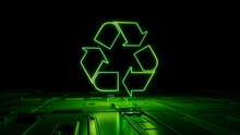 Green Neon Light Recycle Icon. Vibrant Colored Eco Technology Symbol, On A Black Background With High Tech Floor. 3D Render