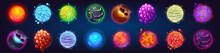 Fantasy Alien Planets For Ui Space Game. Vector Cartoon Icons Set Of Magic Fantastic World, Cosmic Objects Different Colors With Bubbles, Cracks And Spirals. Cute Planets And Moons Collection