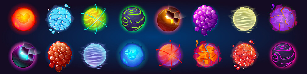 Wall Mural - Fantasy alien planets for ui space game. Vector cartoon icons set of magic fantastic world, cosmic objects different colors with bubbles, cracks and spirals. Cute planets and moons collection