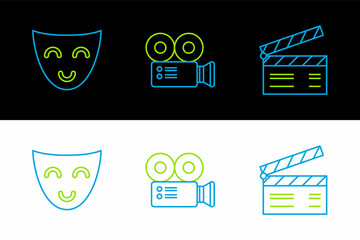 Poster - Set line Movie clapper, Comedy theatrical mask and Cinema camera icon. Vector