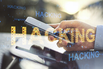 Poster - Close up of businessman hands using tablet and smartphone with abstract glowing hacking hologram at desktop on blurry outdoor background. Hacked device, malware and phishing concept. Double exposure.