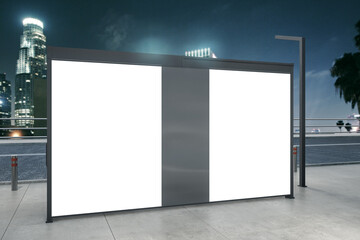 Poster - Clean white bus stop billboard on blurry night city backdrop. Commercial and ad concept. Mock up, 3D Rendering.