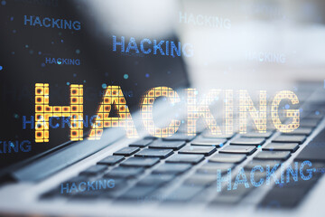 Poster - Close up of laptop with abstract glowing hacking hologram. Hacked device, malware and phishing concept. Double exposure.