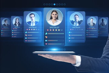 Poster - Hiring employee and human resources concept with online specialists and professional marketplace in form of rating on digital personal cards above man hand with digital tablet