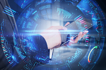 Poster - Trading, business market exchange and stock market analysis concept with man using modern smartphone and digital virtual trading terminal interface with data, double exposure