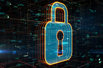 Aufkleber - Confidentiality of cyber data or privacy protection concept with perspective view on digital glowing lock with keyhole on abstract technological background. 3D rendering