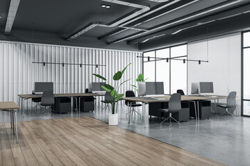Poster - Perspective view on spacious coworking office with grey concrete and wooden floor, dark furniture with modern computers, green plant in white flowerpot and big windows. 3D rendering