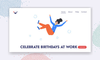 Wall Mural - Celebrate Birthday at Work Landing Page Template. Happy Woman Toss Up with Colleagues in Air. Positive Female Character