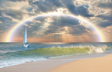 Wall Mural - White lonely yacht is sailing near coast with amazing rainbow