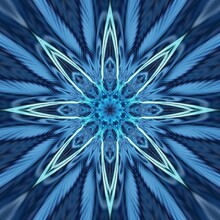 Blue Crystal Flower And Reflection Of Neon Light In Bloom. Seamless Pattern Kaleidoscope Style Design. Great For Business, Corporate, Art Collectors And Concept Walls