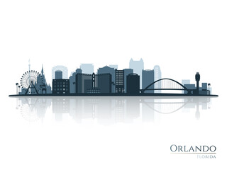 Sticker - Orlando skyline silhouette with reflection. Landscape Orlando, Florida. Vector illustration.