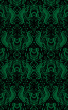 Vector Monochrome Seamless Pattern With Emerald Silhouetted Victorian Ornament. Green Vintage Damask On Black Background.