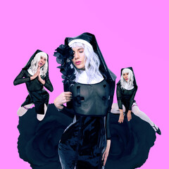 Sexy Party blonde model in a nun costume. Role-playing games, halloween, adult shop concept. Collage art