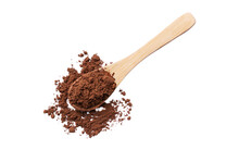 Heap Of Cocoa Powder In A Wooden Spoon Isolated On White Background.