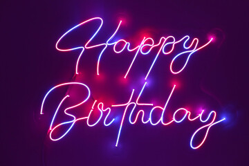 Colorful neon happy birthday. Trendy style. Happy Birthday  background. Neon sign. Custom neon. Party decor.