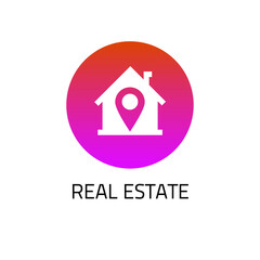 Poster - Real estate logo or home house apartment rental location point vector icon, rent pointer marker tag for app service, concept of guest hotel property address logotype round circle modern graphic image